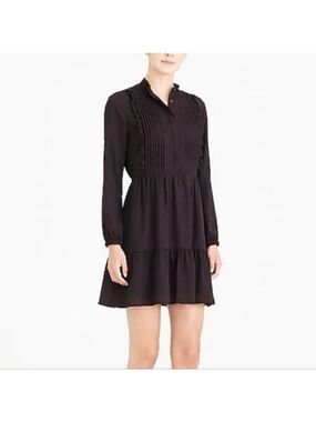 NWT J. Crew Mercantile Black Ruffle Trim Pintuck Long Sleeve Mini Dress